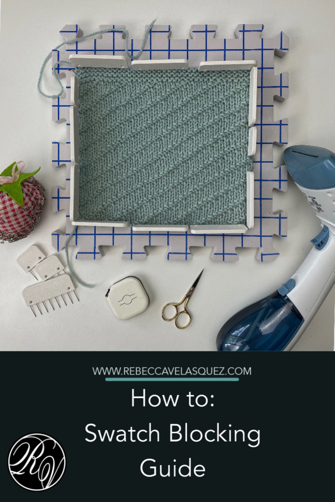 How to Swatch Blocking Guide. Image of blocking board, scissors, and steamer.